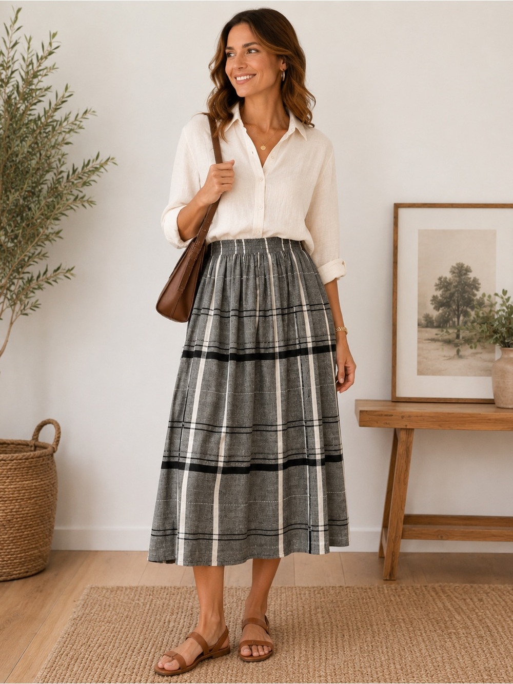 PLUS Made in USA Gray Plaid Elastic Waist Midi Skirt Women’s Small